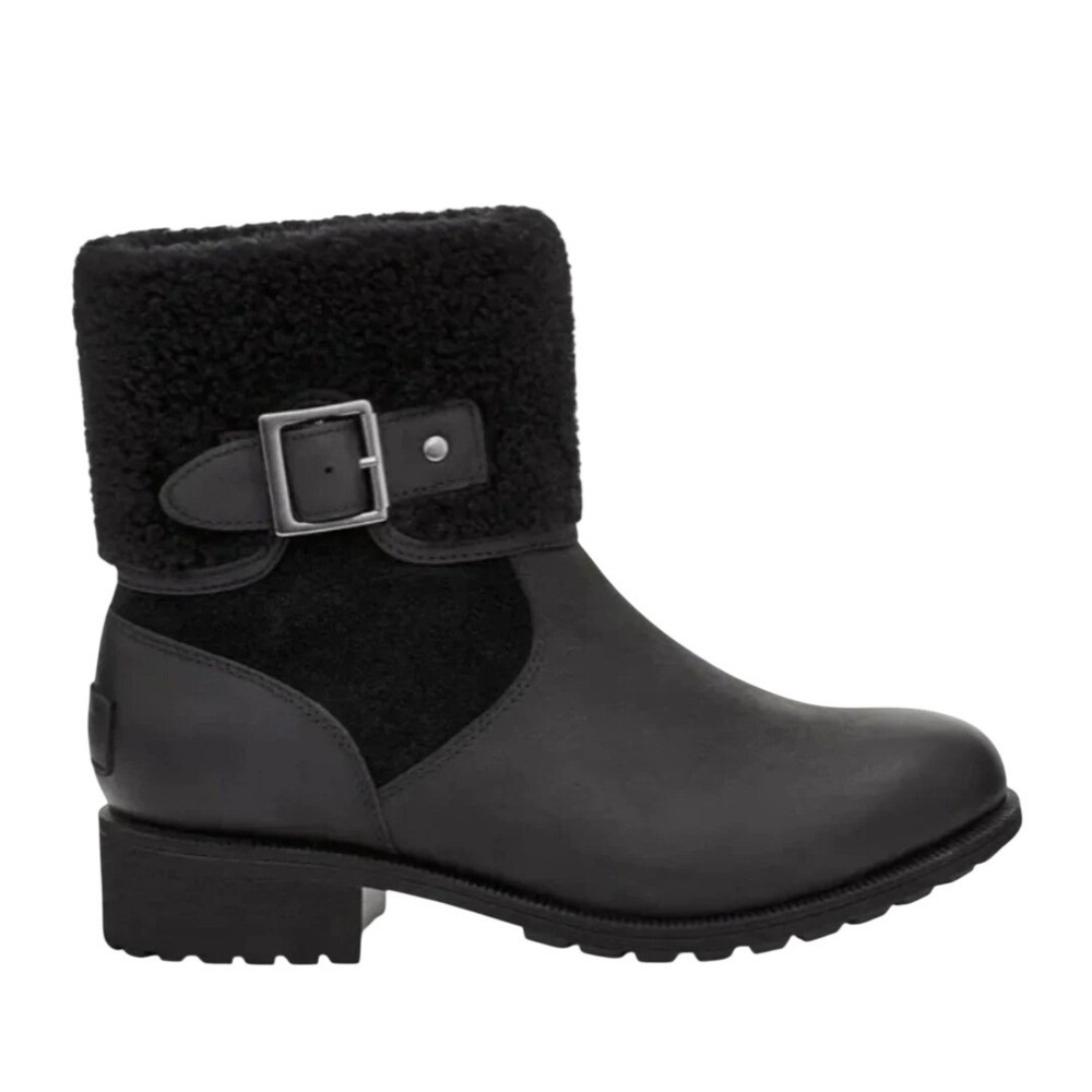 UGG Women's 9 Elings Black Leather Shearling Gorpcore Moto Waterproof Boots